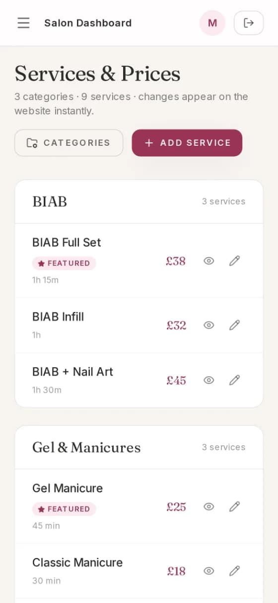The dashboard's price list, where she sets her own treatments and prices